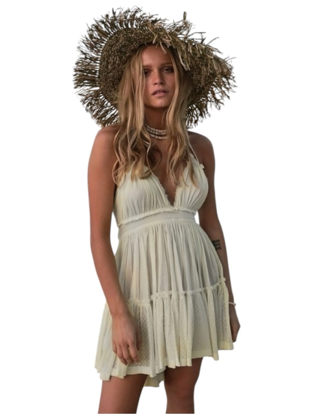 Plunging V-Neck Cream Mini Dress with Tiered Skirt